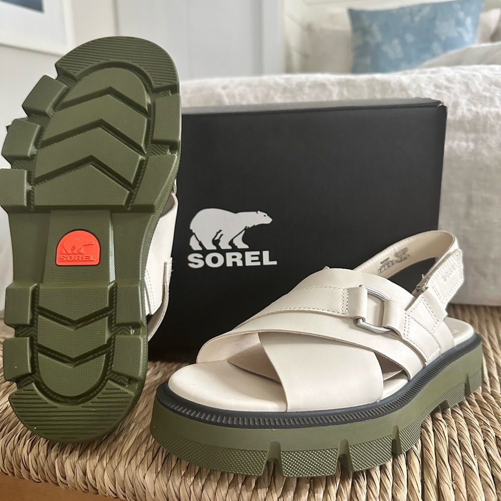 Sorrel Cream Leather Cross-Strap Slingback Sandal with Olive Lug Sole - Picture 4 of 7